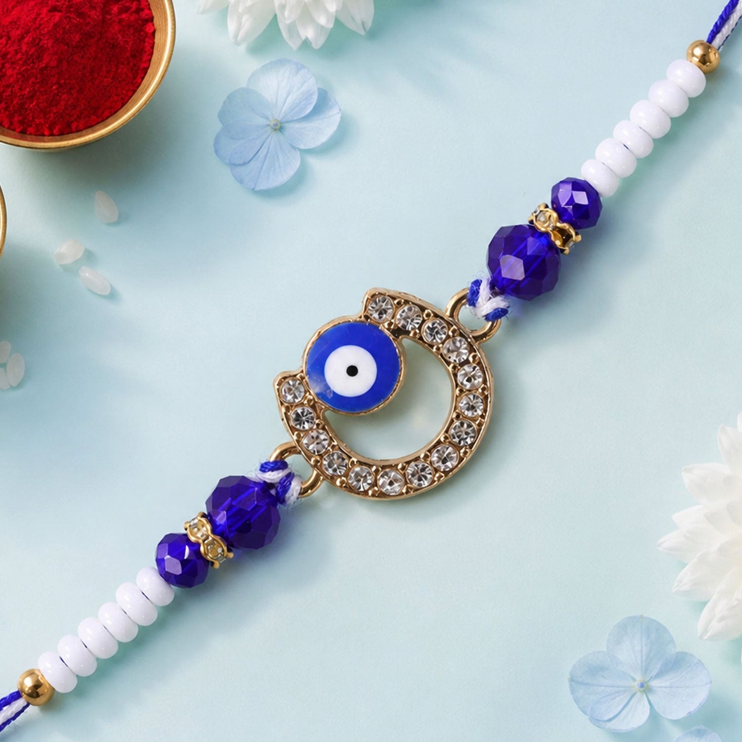Crescent Evil Eye Beaded Rakhi with Crystal Ring Center Charm