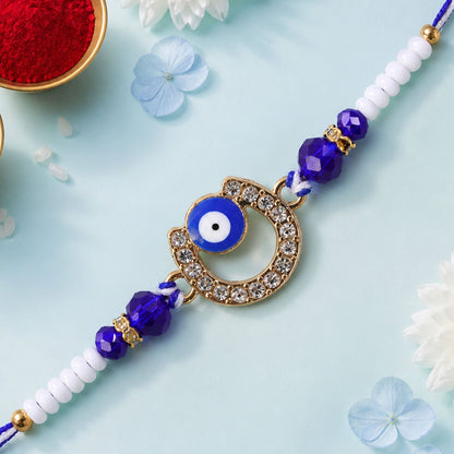 Crescent Evil Eye Beaded Rakhi with Crystal Ring Center Charm