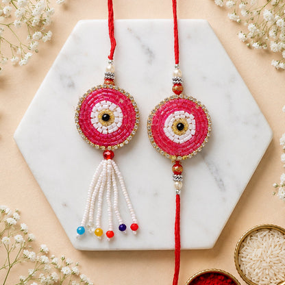 Round Beadwork Studded Multicolor Tassel Bhai Bhabhi Rakhi Lumba Set