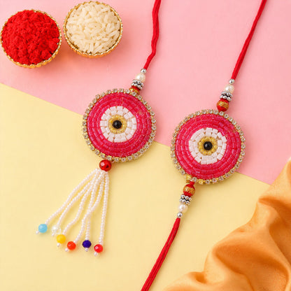 Round Beadwork Studded Multicolor Tassel Bhai Bhabhi Rakhi Lumba Set