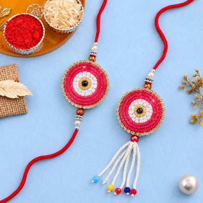 Round Beadwork Studded Multicolor Tassel Bhai Bhabhi Rakhi Lumba Set