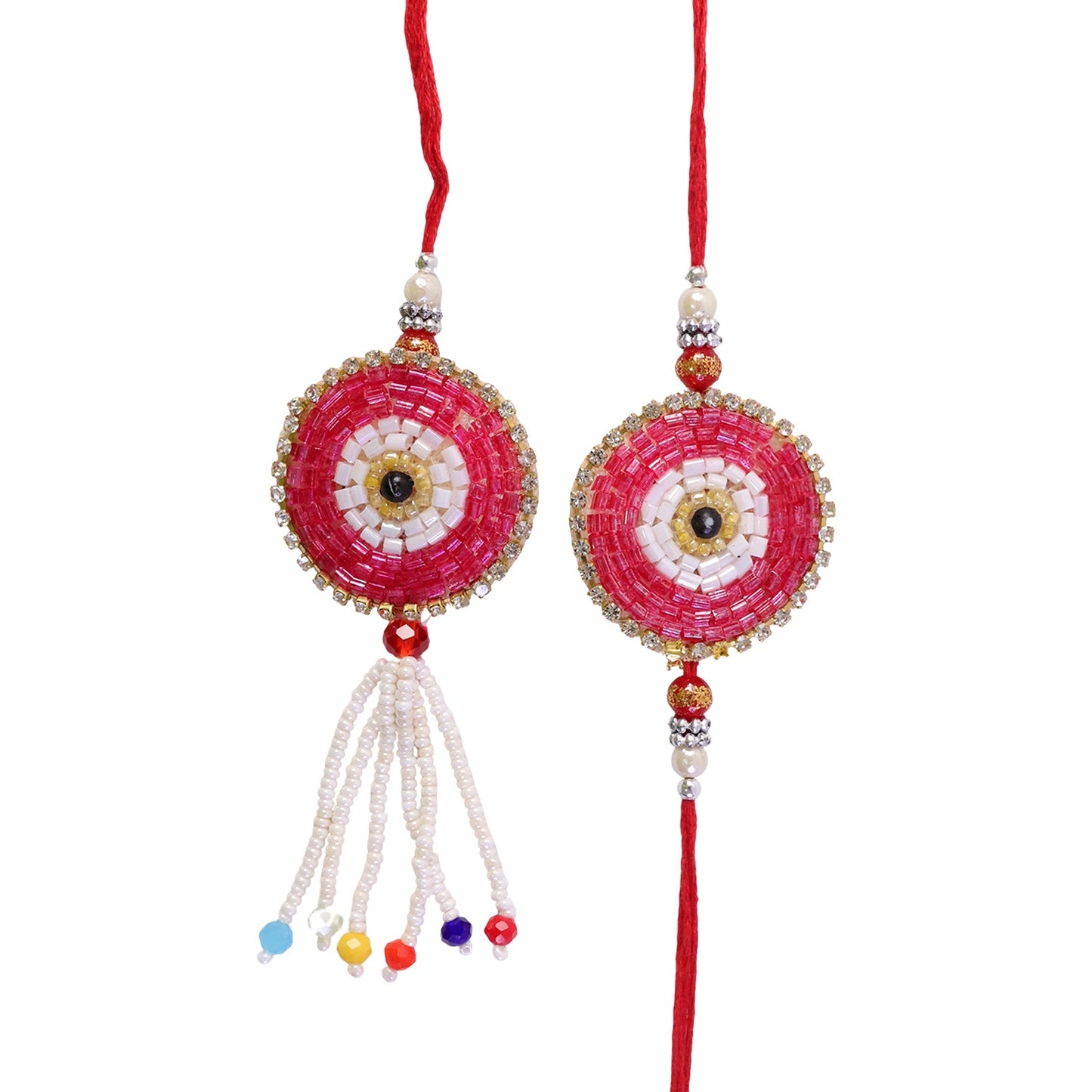 Round Beadwork Studded Multicolor Tassel Bhai Bhabhi Rakhi Lumba Set