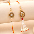 Antique Golden Kundan Crystal Pearl Tassel Bhai Bhabhi Rakhi Lumba Set