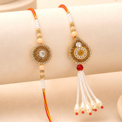 Antique Golden Kundan Crystal Pearl Tassel Bhai Bhabhi Rakhi Lumba Set