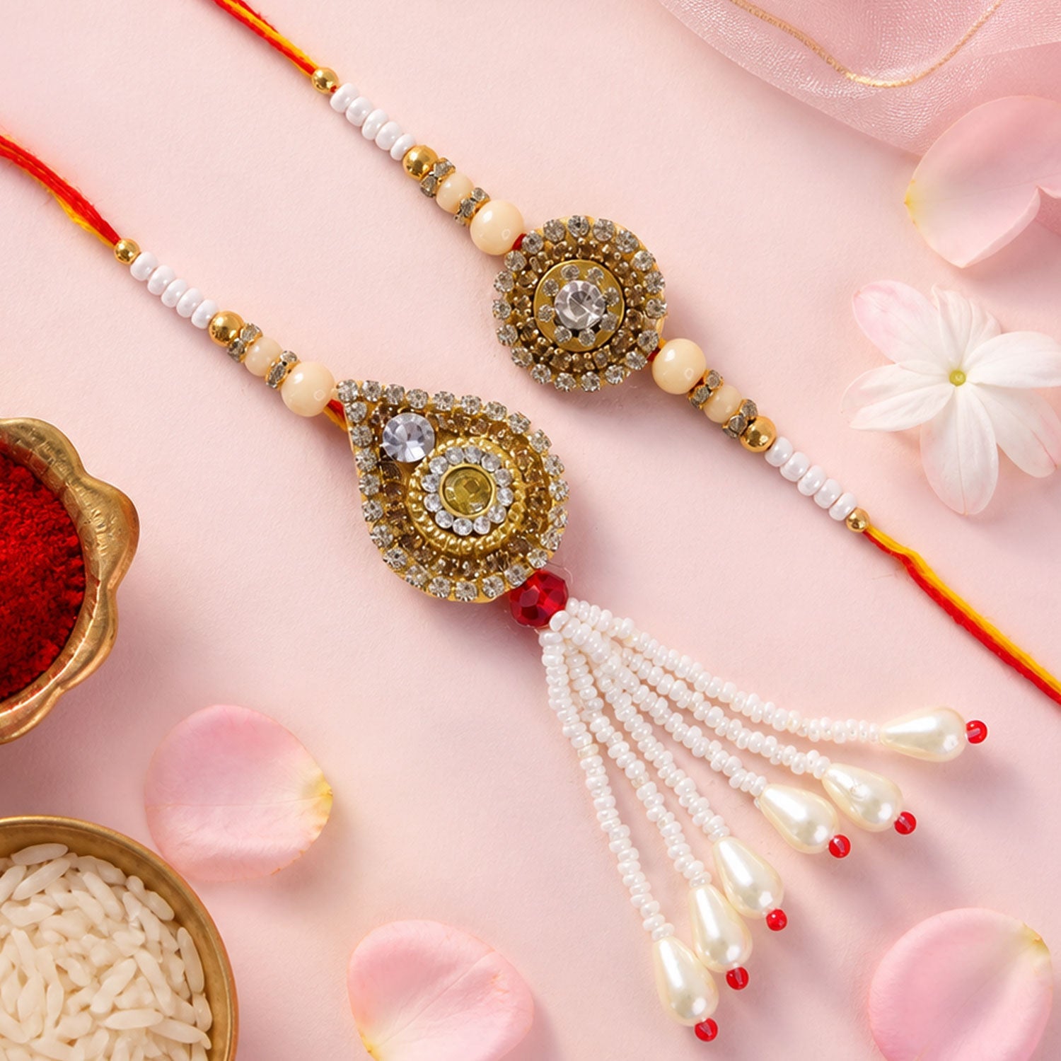 Antique Golden Kundan Crystal Pearl Tassel Bhai Bhabhi Rakhi Lumba Set