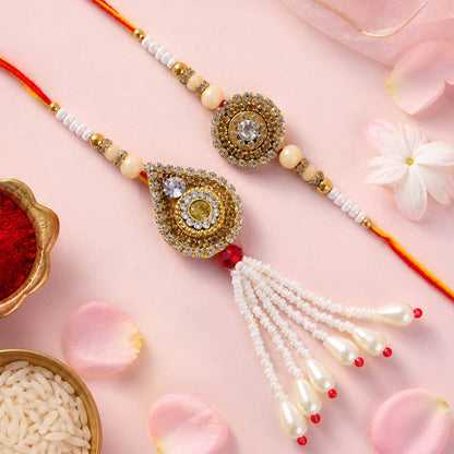 Antique Golden Kundan Crystal Pearl Tassel Bhai Bhabhi Rakhi Lumba Set