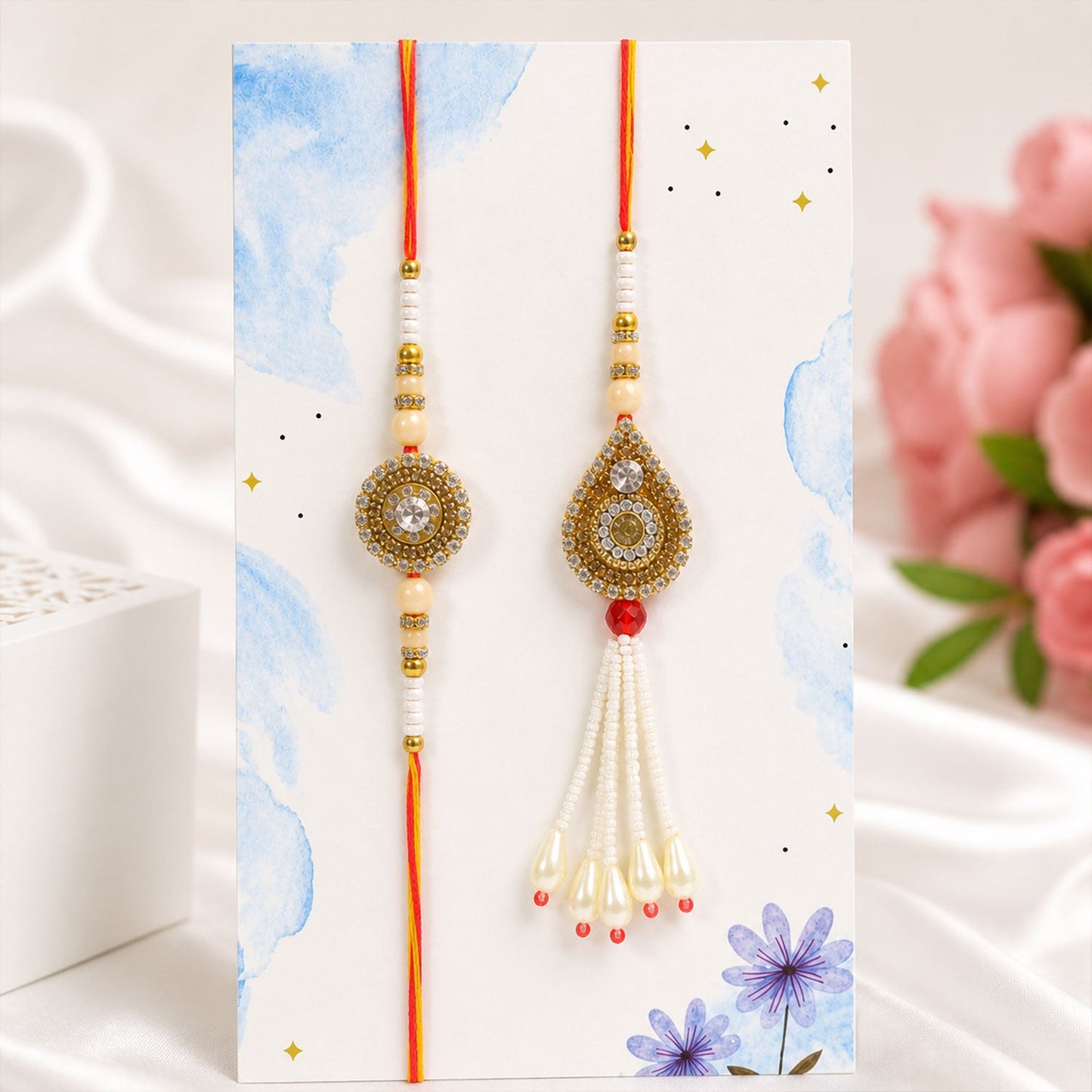 Antique Golden Kundan Crystal Pearl Tassel Bhai Bhabhi Rakhi Lumba Set