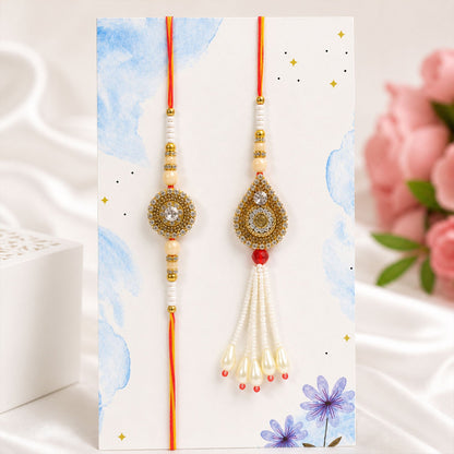 Antique Golden Kundan Crystal Pearl Tassel Bhai Bhabhi Rakhi Lumba Set