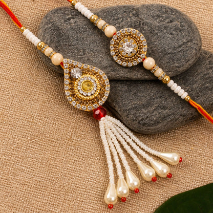 Antique Golden Kundan Crystal Pearl Tassel Bhai Bhabhi Rakhi Lumba Set