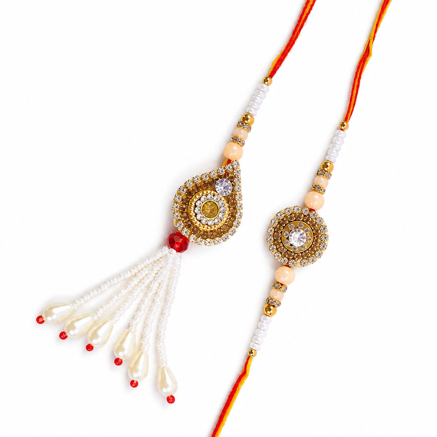 Antique Golden Kundan Crystal Pearl Tassel Bhai Bhabhi Rakhi Lumba Set
