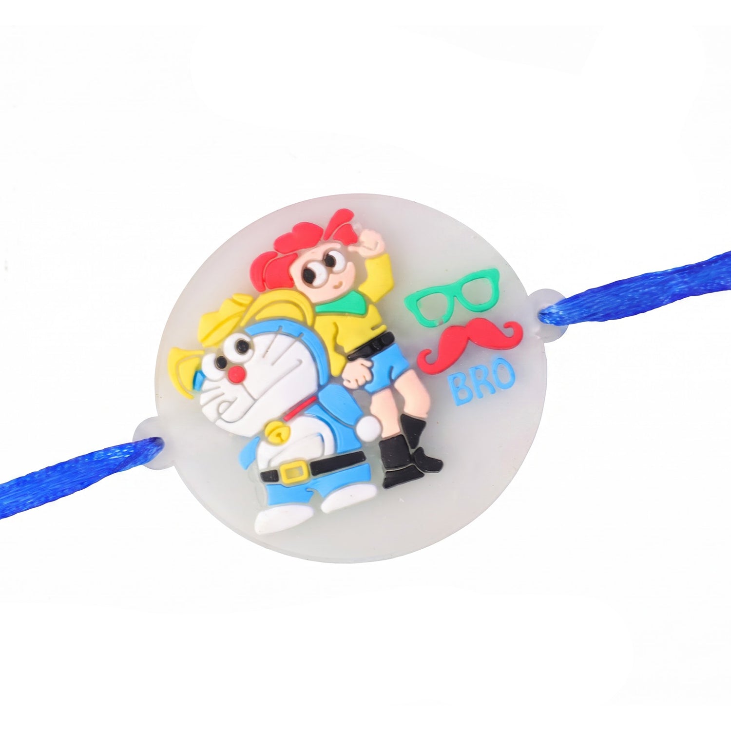 Close-up of the blue Doraemon and Nobita Rakhi with a 'BRO' charm, featuring a translucent circular dial.