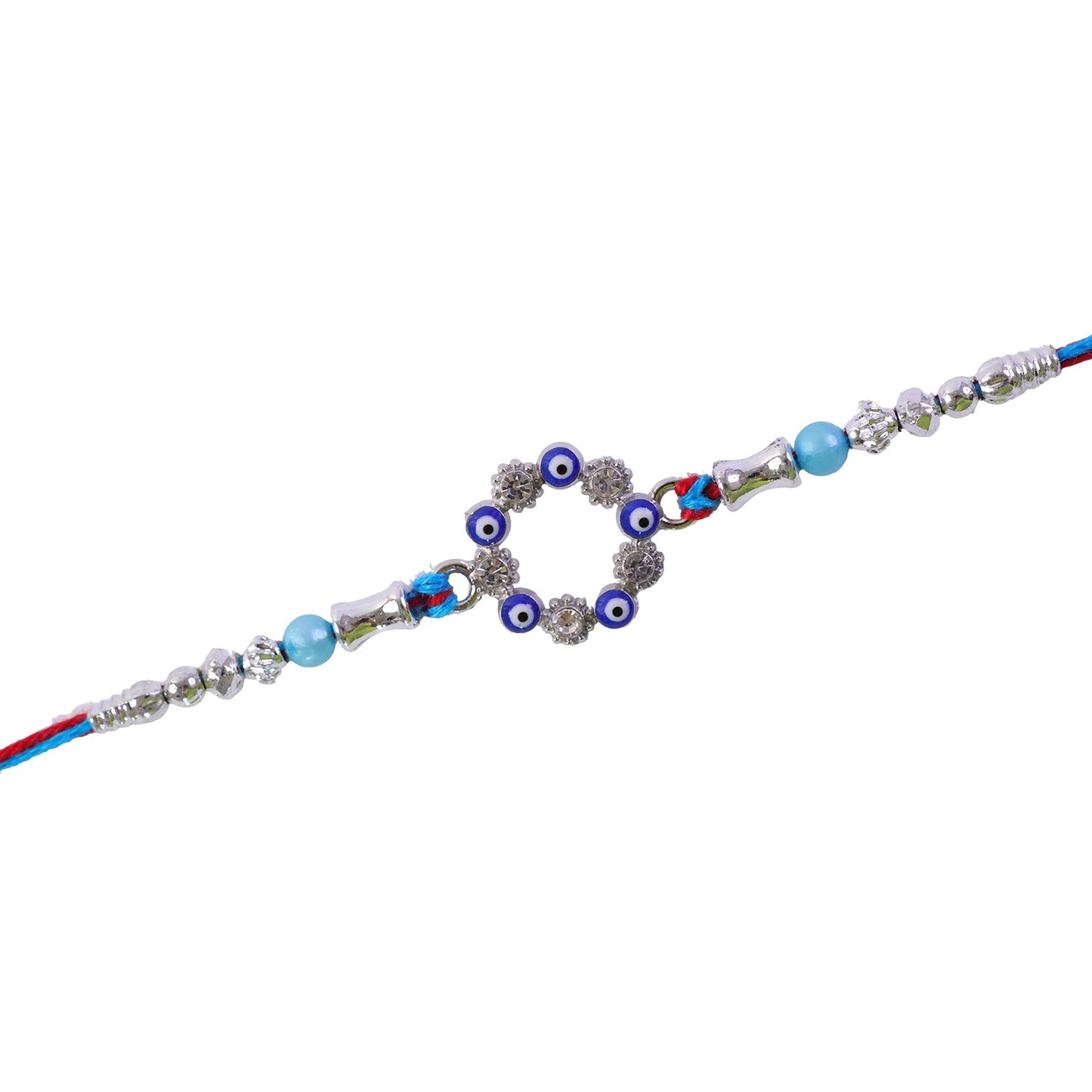 A blue and red thread rakhi with a circular evil eye charm, silver and turquoise beads on a white background.