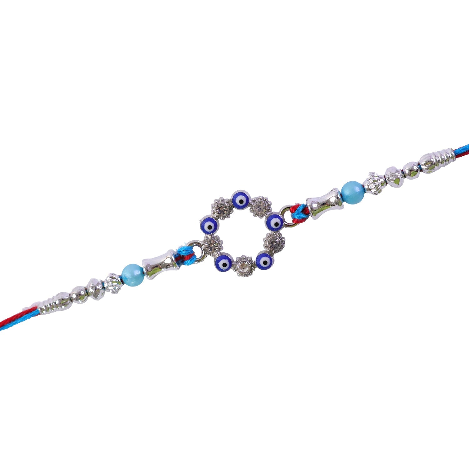 A blue and red thread rakhi with a circular evil eye charm, silver and turquoise beads on a white background.