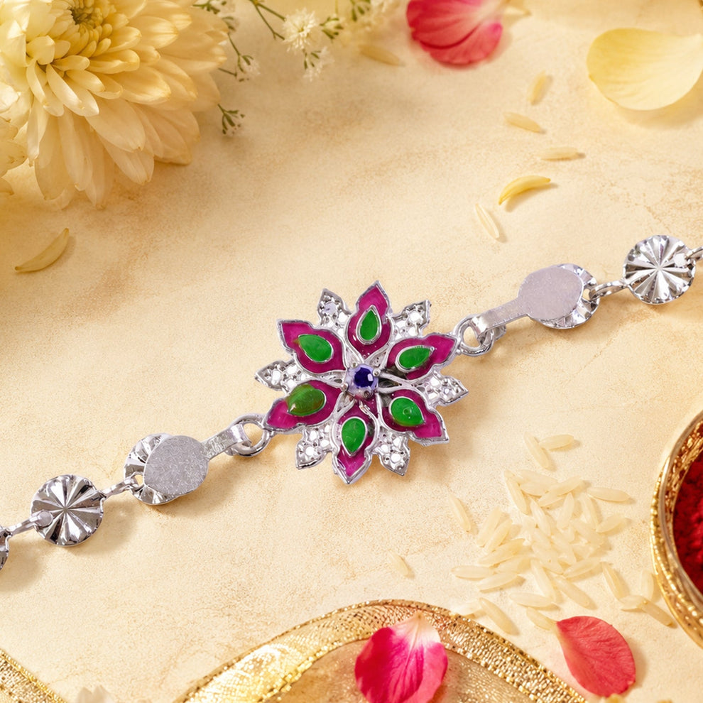 Round Silver Flower Enamel Studded Chain Rakhi For Brother