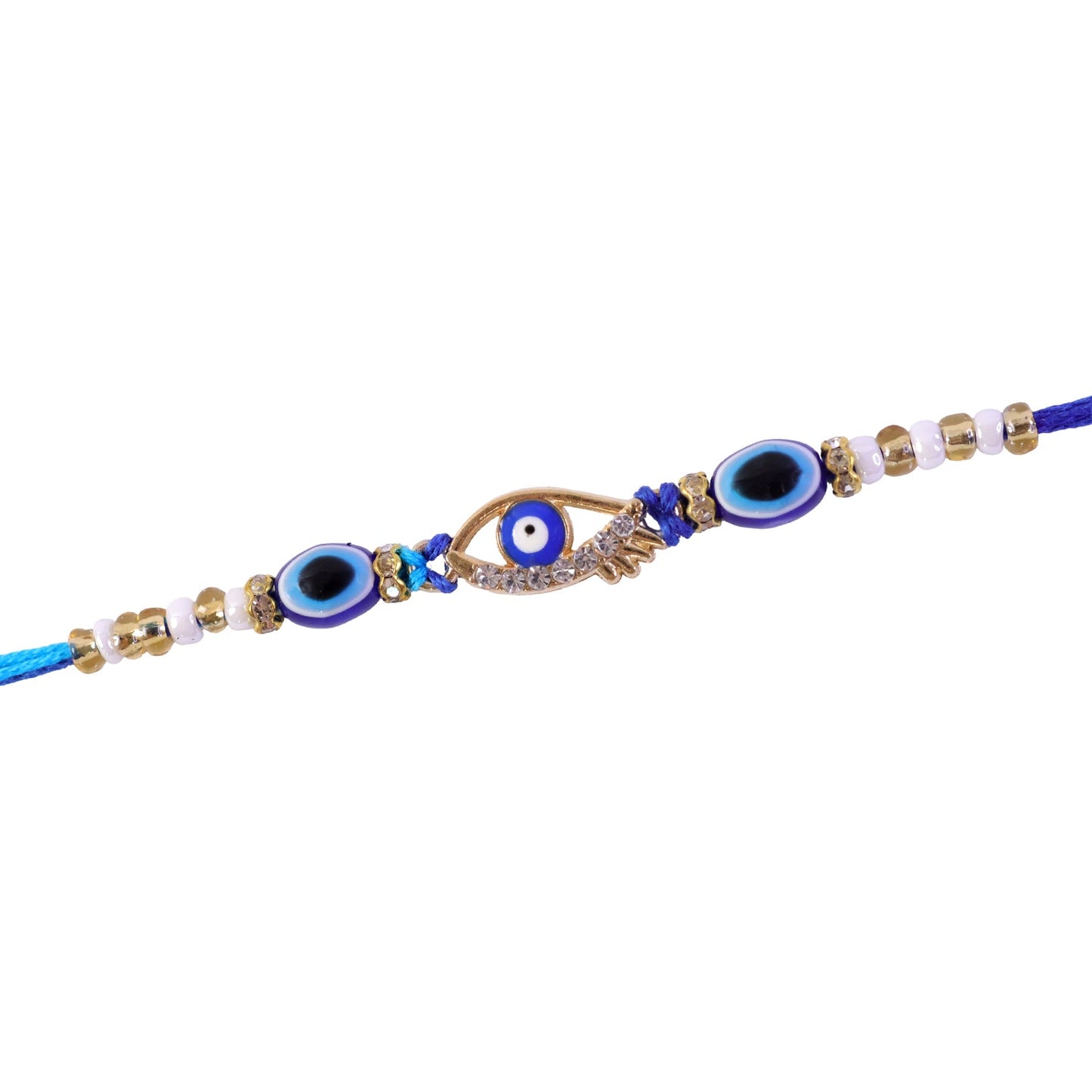 A blue evil eye rakhi with a gold and rhinestone center charm, accompanied by smaller blue evil eye beads and white and gold