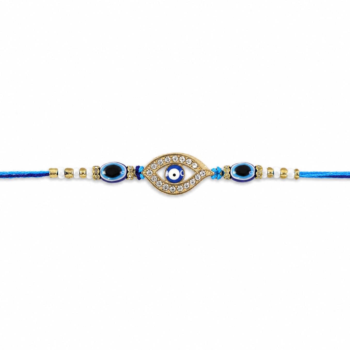 A blue evil eye rakhi with a stone-studded center charm and blue and white beads on a plain white background.