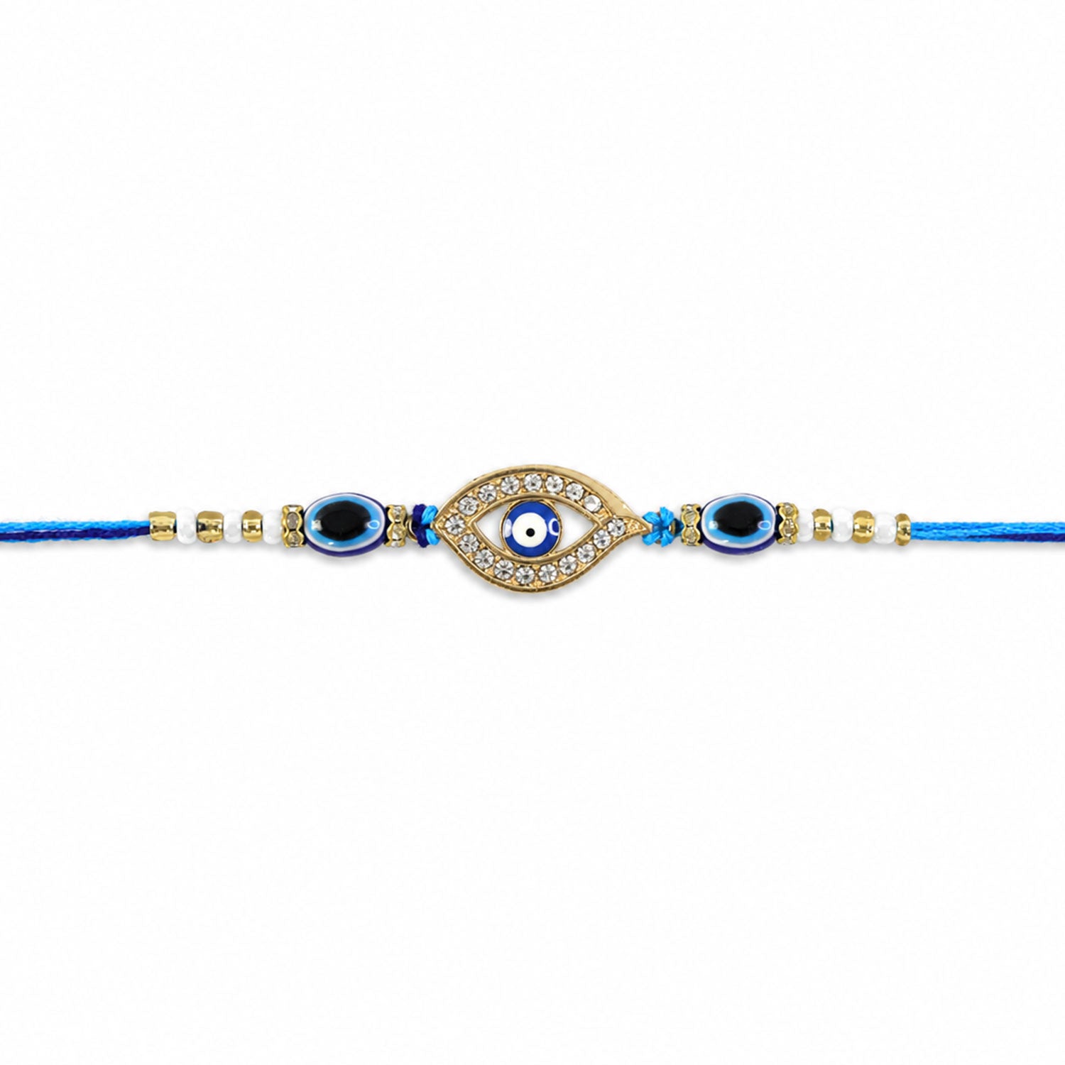 A blue evil eye rakhi with a stone-studded center charm and blue and white beads on a plain white background.