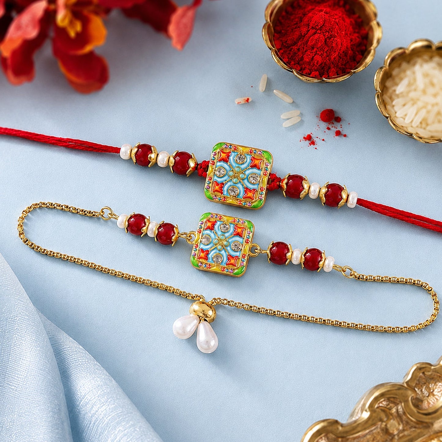 Premium Floral Square Bhai Bhabhi Lumba Rakhi with Pearl Drop Chain