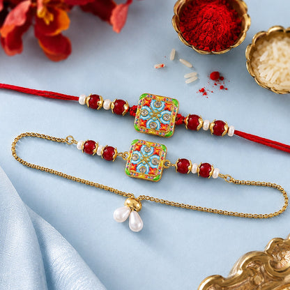 Premium Floral Square Bhai Bhabhi Lumba Rakhi with Pearl Drop Chain