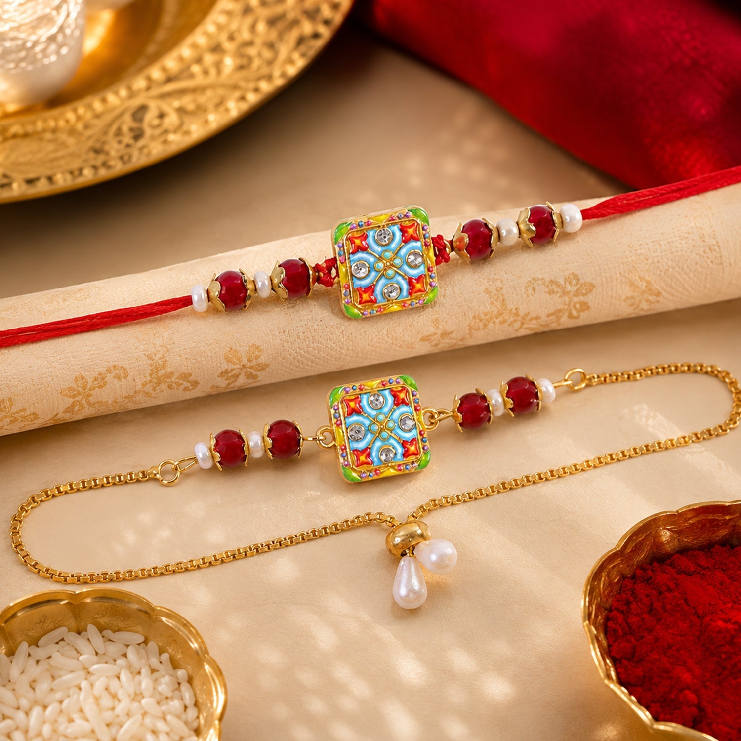 Premium Floral Square Bhai Bhabhi Lumba Rakhi with Pearl Drop Chain