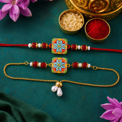 Premium Floral Square Bhai Bhabhi Lumba Rakhi with Pearl Drop Chain
