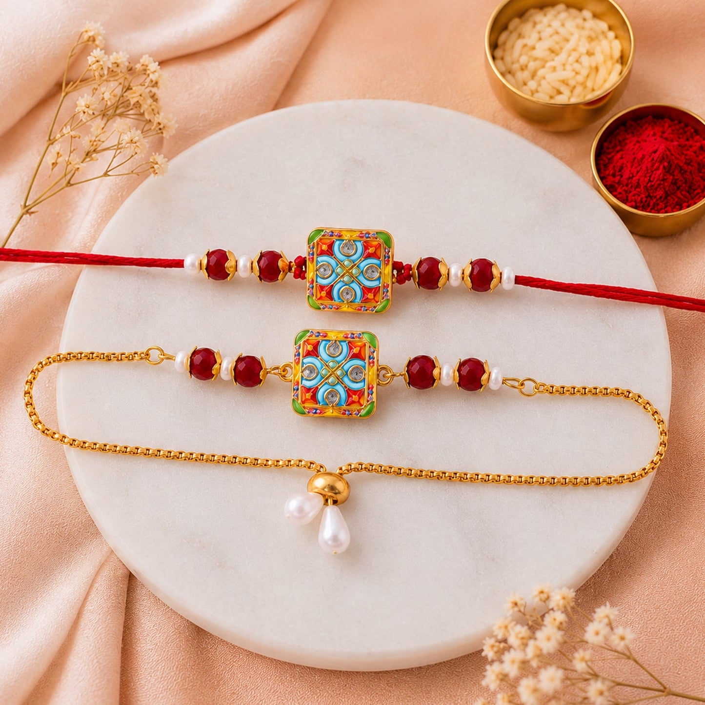 Premium Floral Square Bhai Bhabhi Lumba Rakhi with Pearl Drop Chain