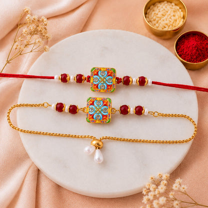 Premium Floral Square Bhai Bhabhi Lumba Rakhi with Pearl Drop Chain