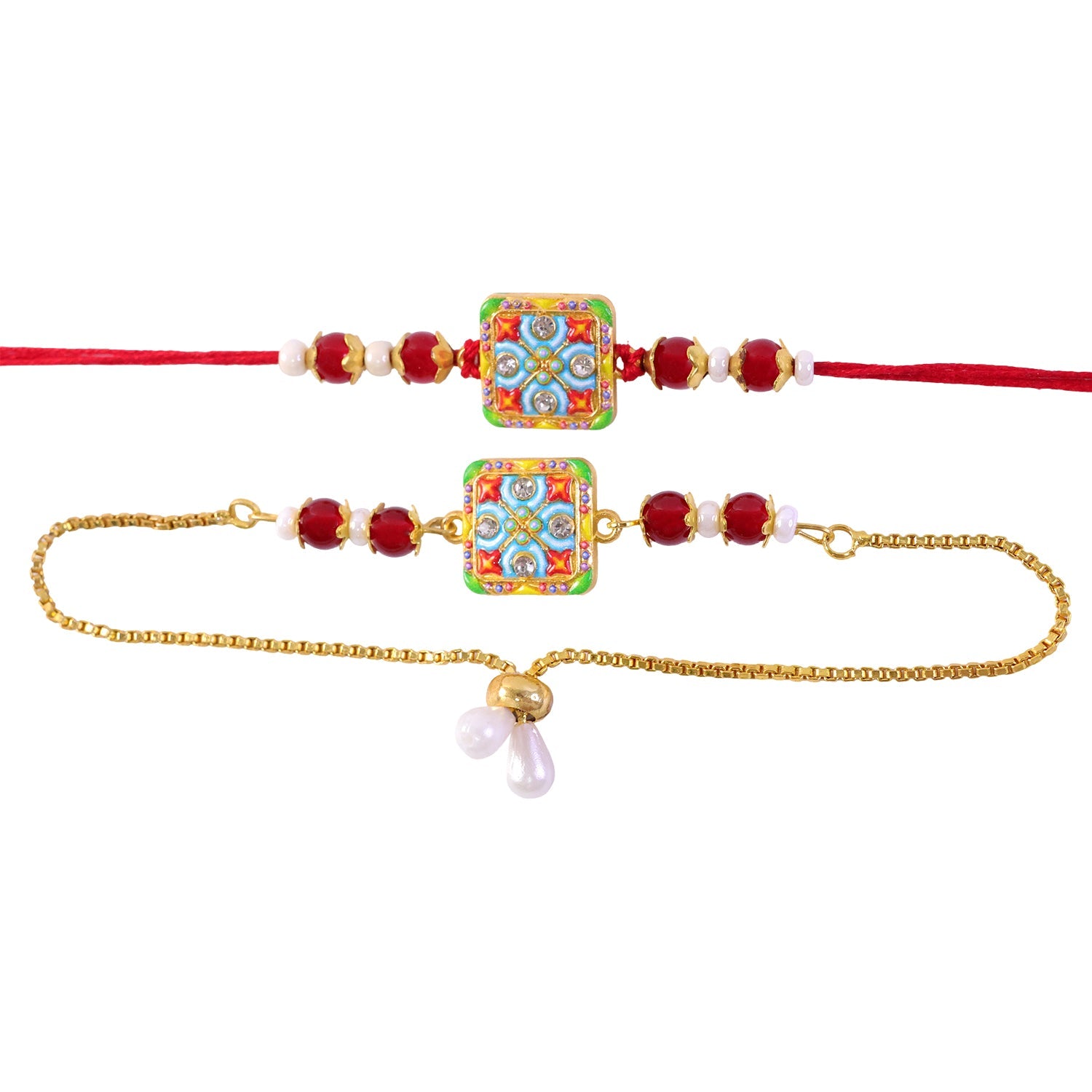 Premium Floral Square Bhai Bhabhi Lumba Rakhi with Pearl Drop Chain