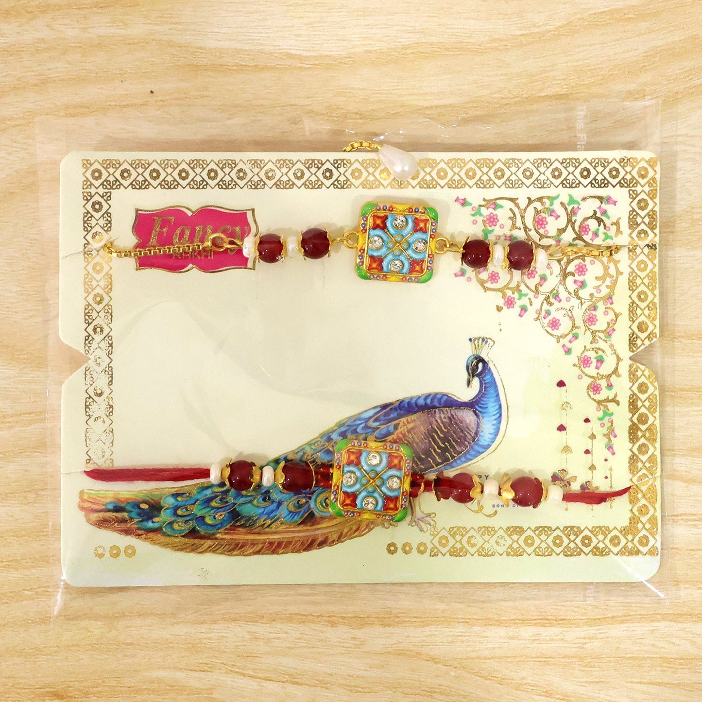 Premium Floral Square Bhai Bhabhi Lumba Rakhi with Pearl Drop Chain