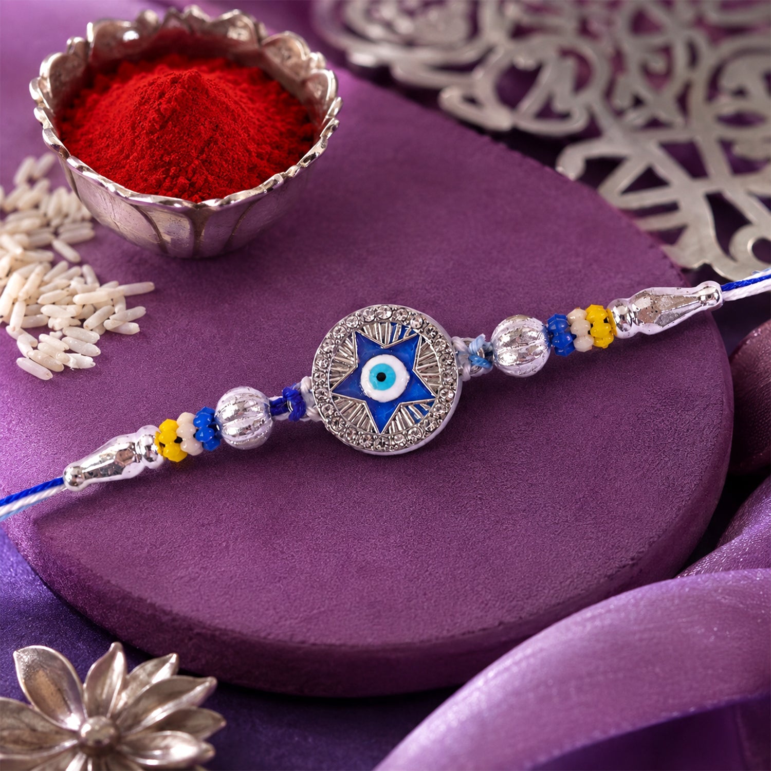 Star Design Evil Eye Beaded Rakhi with Round Stone Center Charm Design