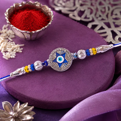 Star Design Evil Eye Beaded Rakhi with Round Stone Center Charm Design