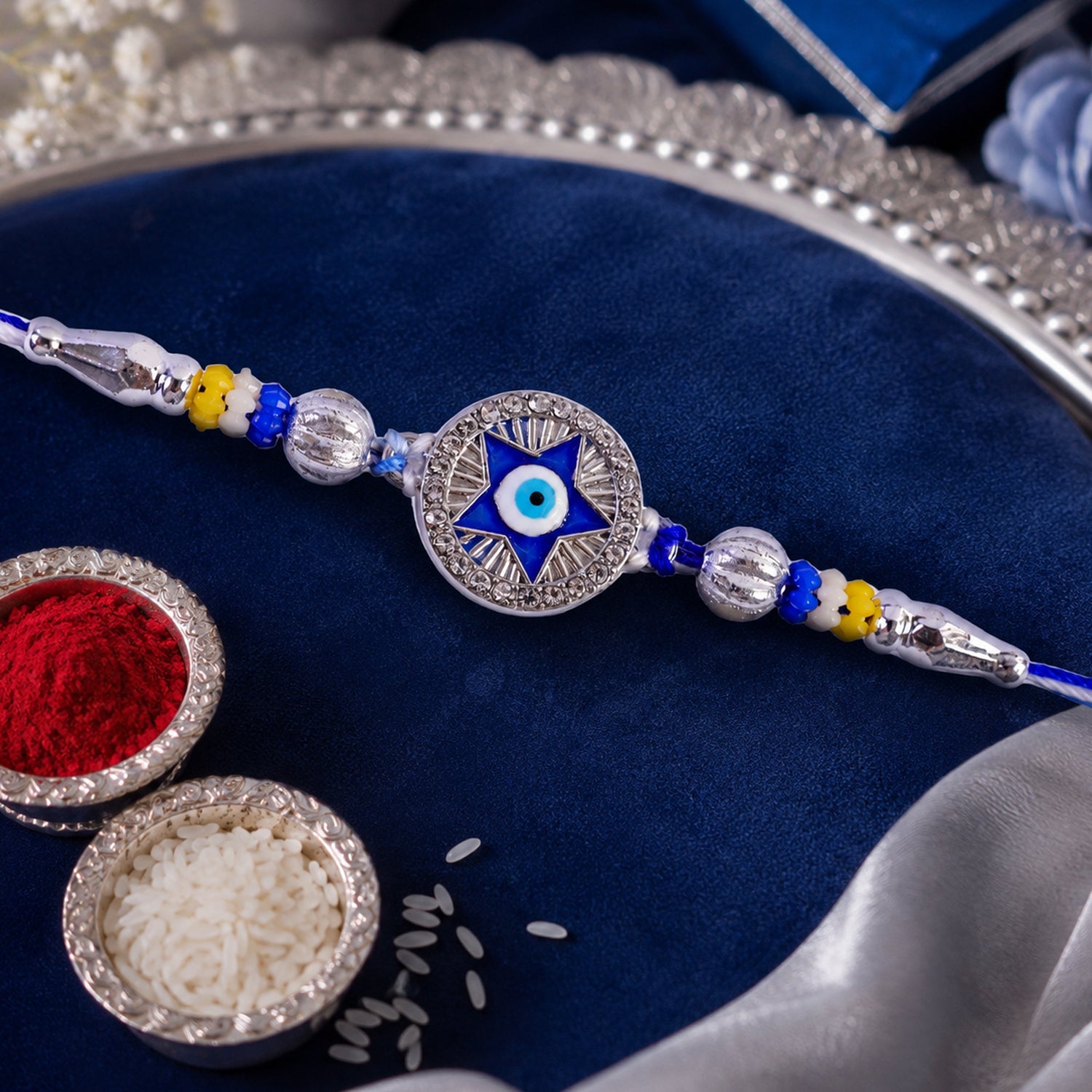 Star Design Evil Eye Beaded Rakhi with Round Stone Center Charm Design