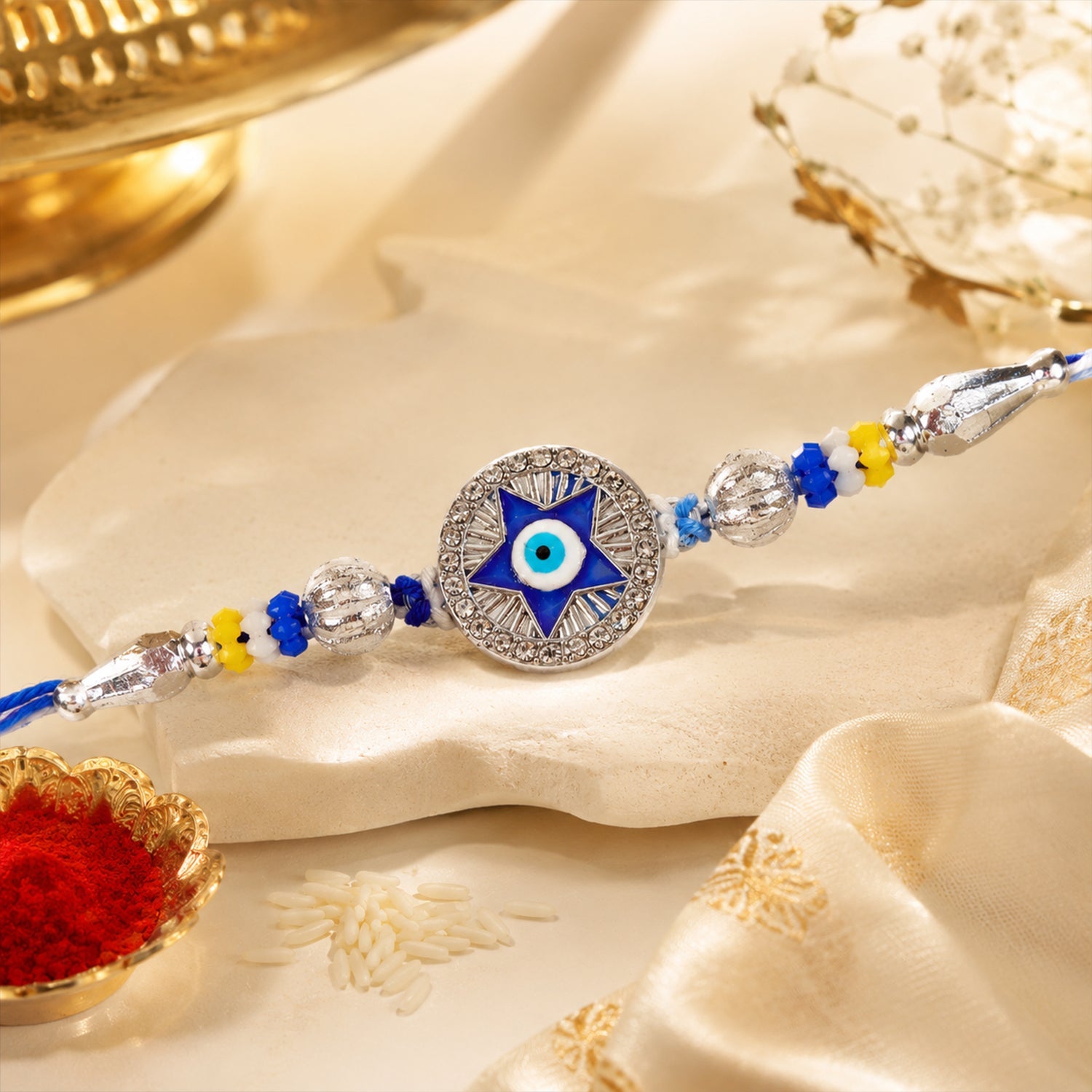 Star Design Evil Eye Beaded Rakhi with Round Stone Center Charm Design