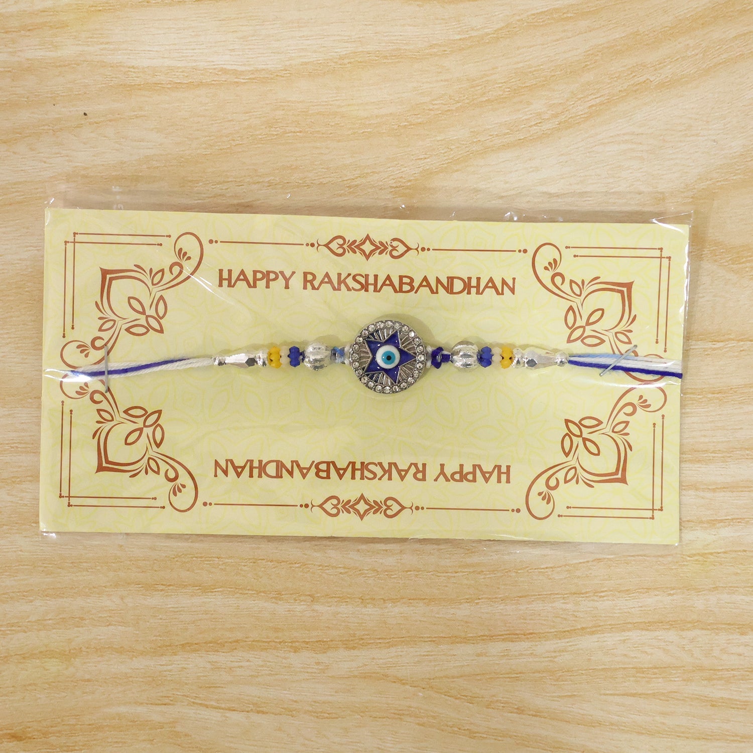 Star Design Evil Eye Beaded Rakhi with Round Stone Center Charm Design