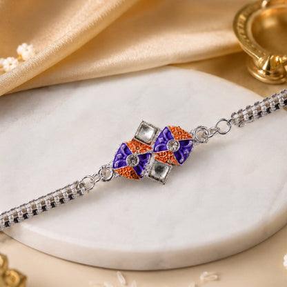 Geometric Kundan Silver Chain Rakhi with Diamond Shape Center Charm Detail