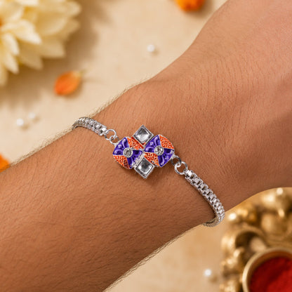 Geometric Kundan Silver Chain Rakhi with Diamond Shape Center Charm Detail
