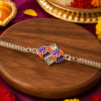Geometric Kundan Silver Chain Rakhi with Diamond Shape Center Charm Detail