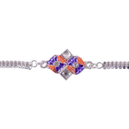 Geometric Kundan Silver Chain Rakhi with Diamond Shape Center Charm Detail