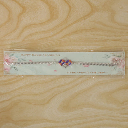 Geometric Kundan Silver Chain Rakhi with Diamond Shape Center Charm Detail