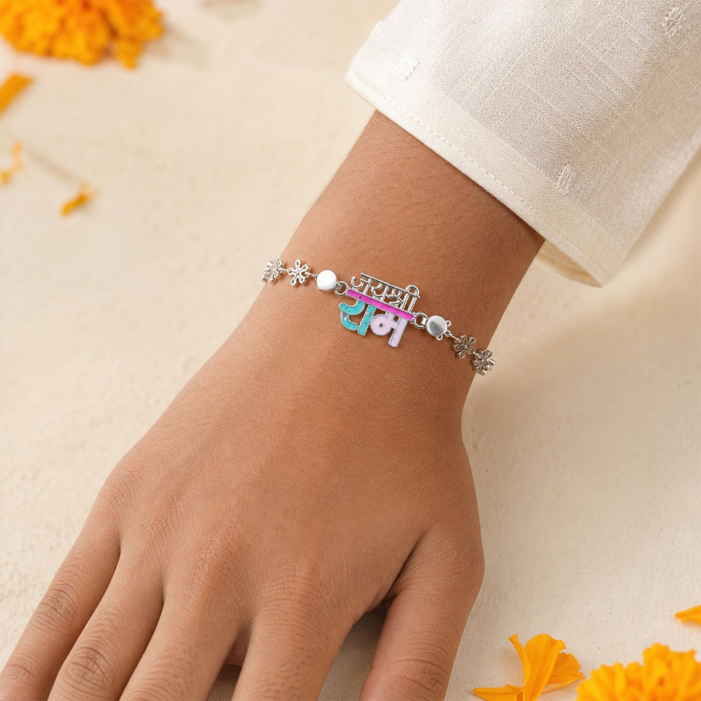 Religious Jay Shree Ram Silver Chain Rakhi with Decorative Letter Center Charm