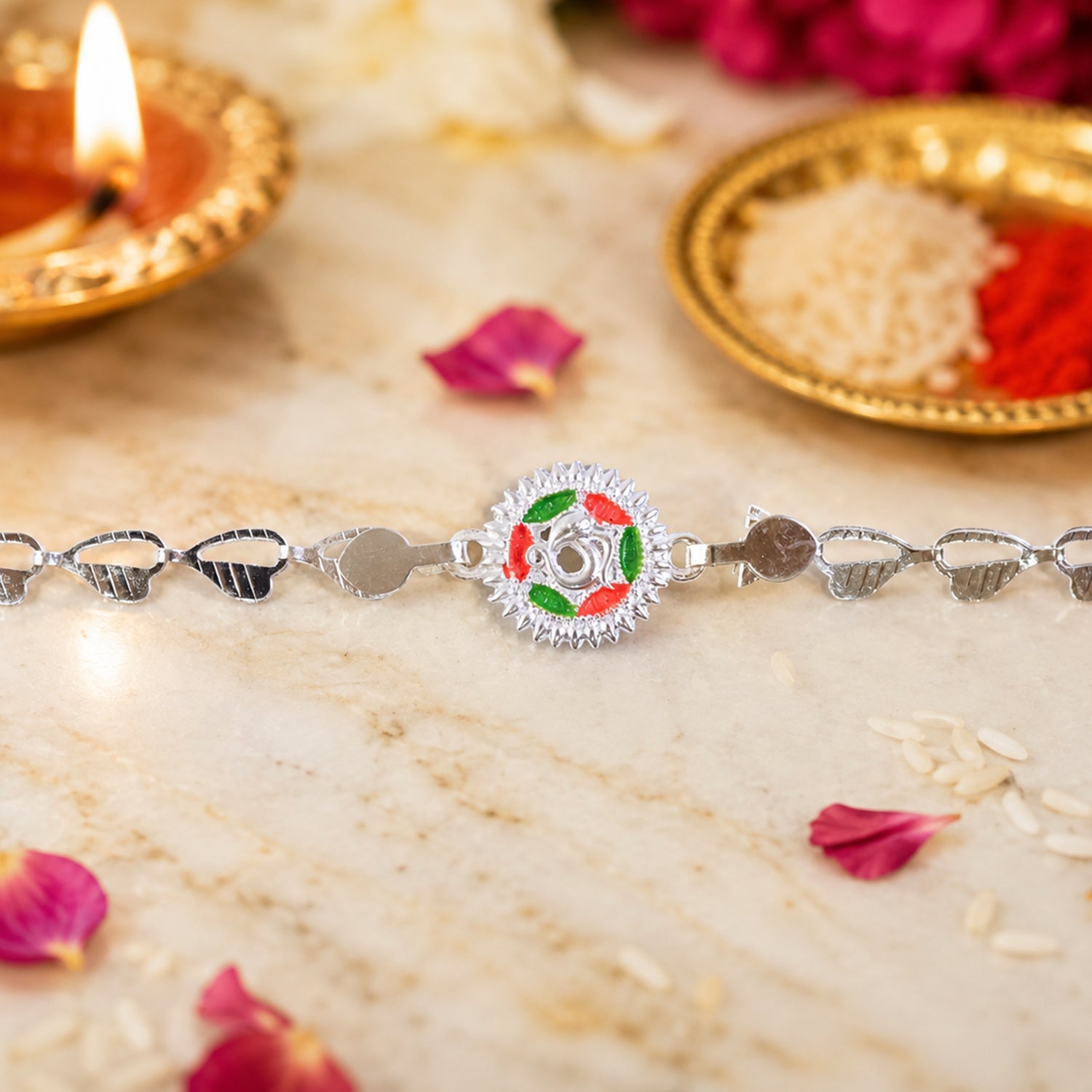 Round Sacred Symbol Silver Chain Rakhi with Stone Studded Center Charm
