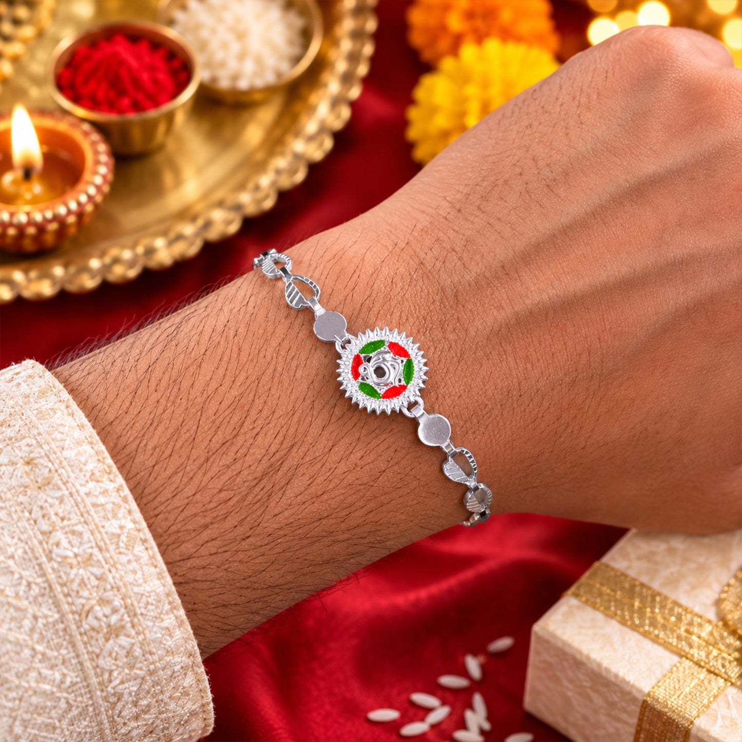 Round Sacred Symbol Silver Chain Rakhi with Stone Studded Center Charm