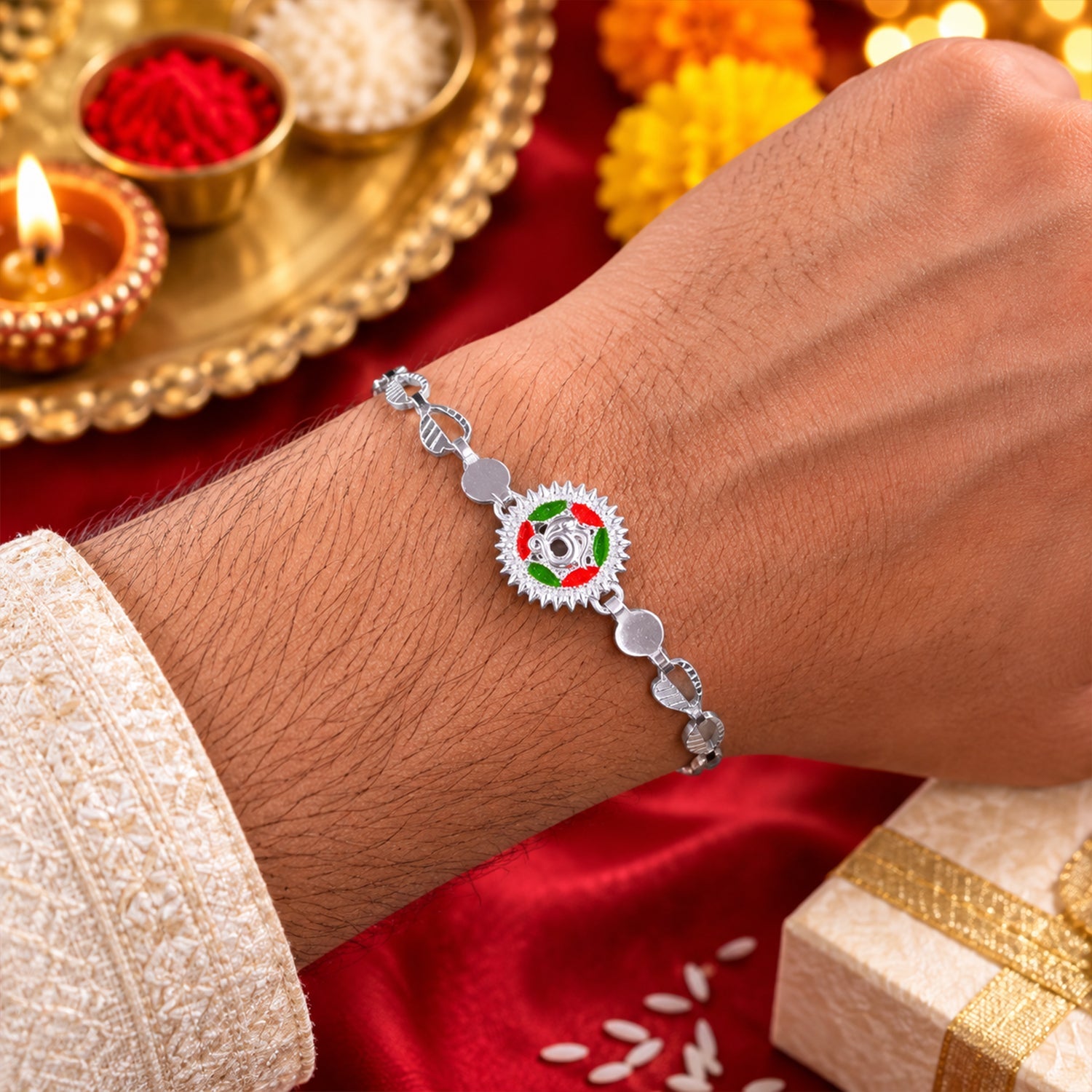 Round Sacred Symbol Silver Chain Rakhi with Stone Studded Center Charm
