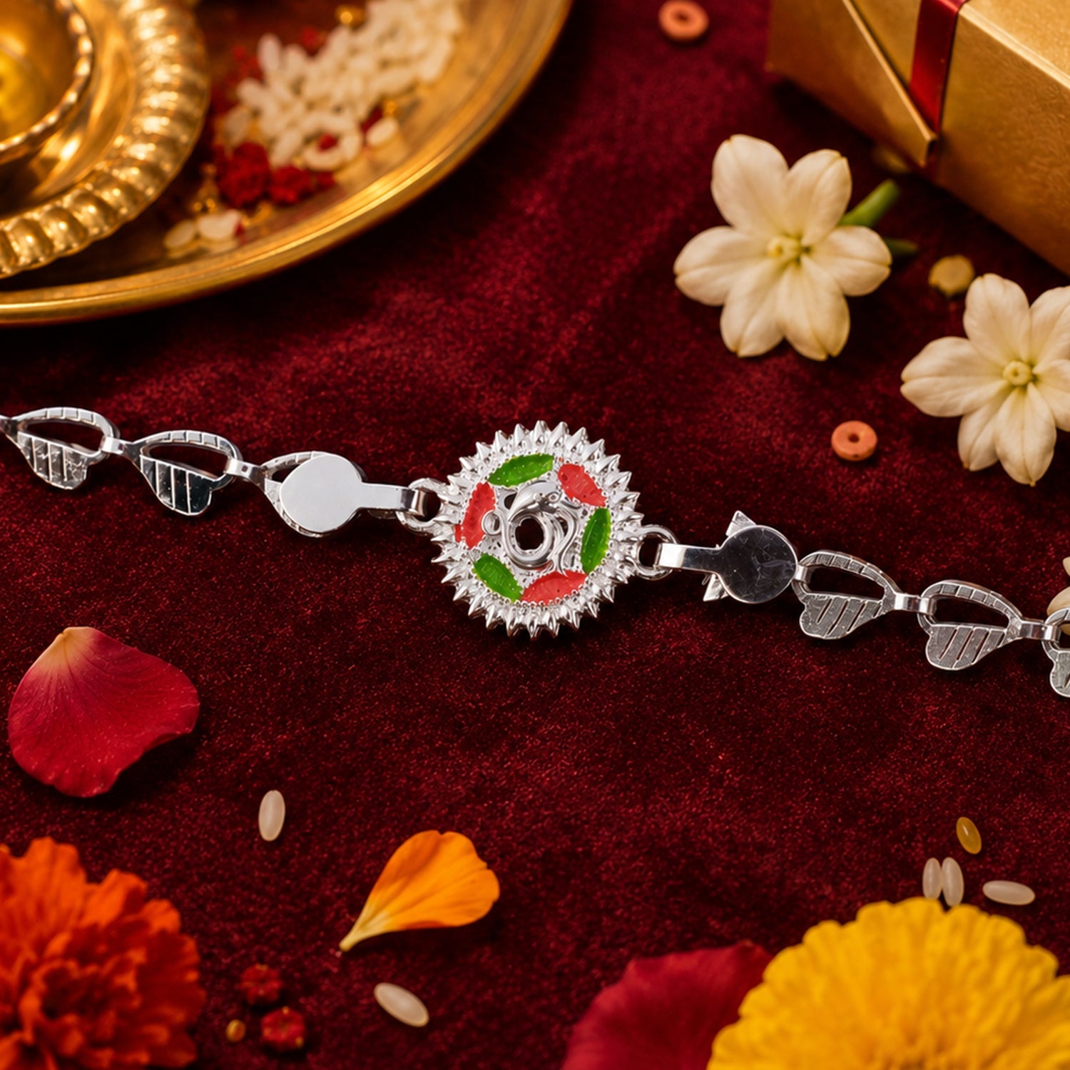 Round Sacred Symbol Silver Chain Rakhi with Stone Studded Center Charm