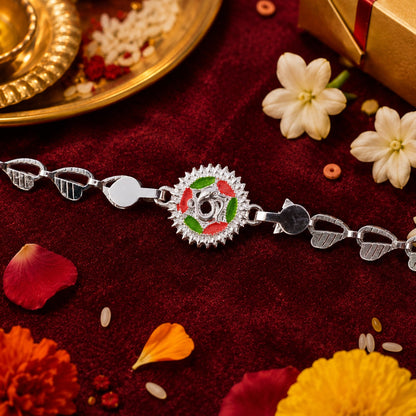 Round Sacred Symbol Silver Chain Rakhi with Stone Studded Center Charm