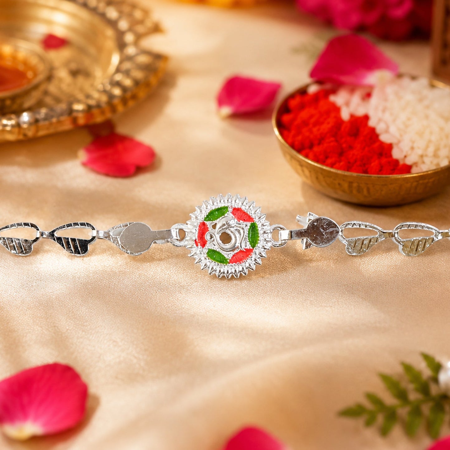 Round Sacred Symbol Silver Chain Rakhi with Stone Studded Center Charm