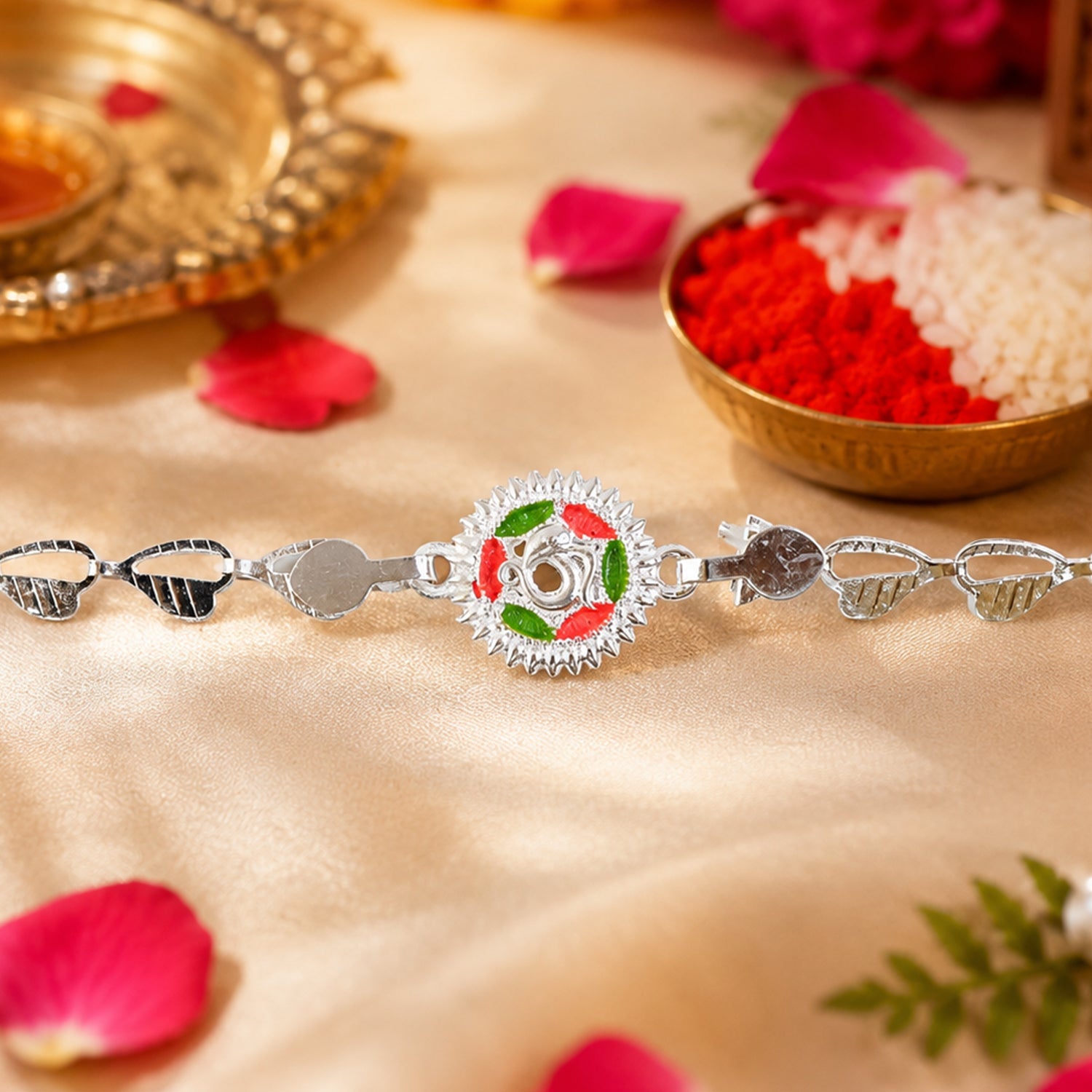 Round Sacred Symbol Silver Chain Rakhi with Stone Studded Center Charm