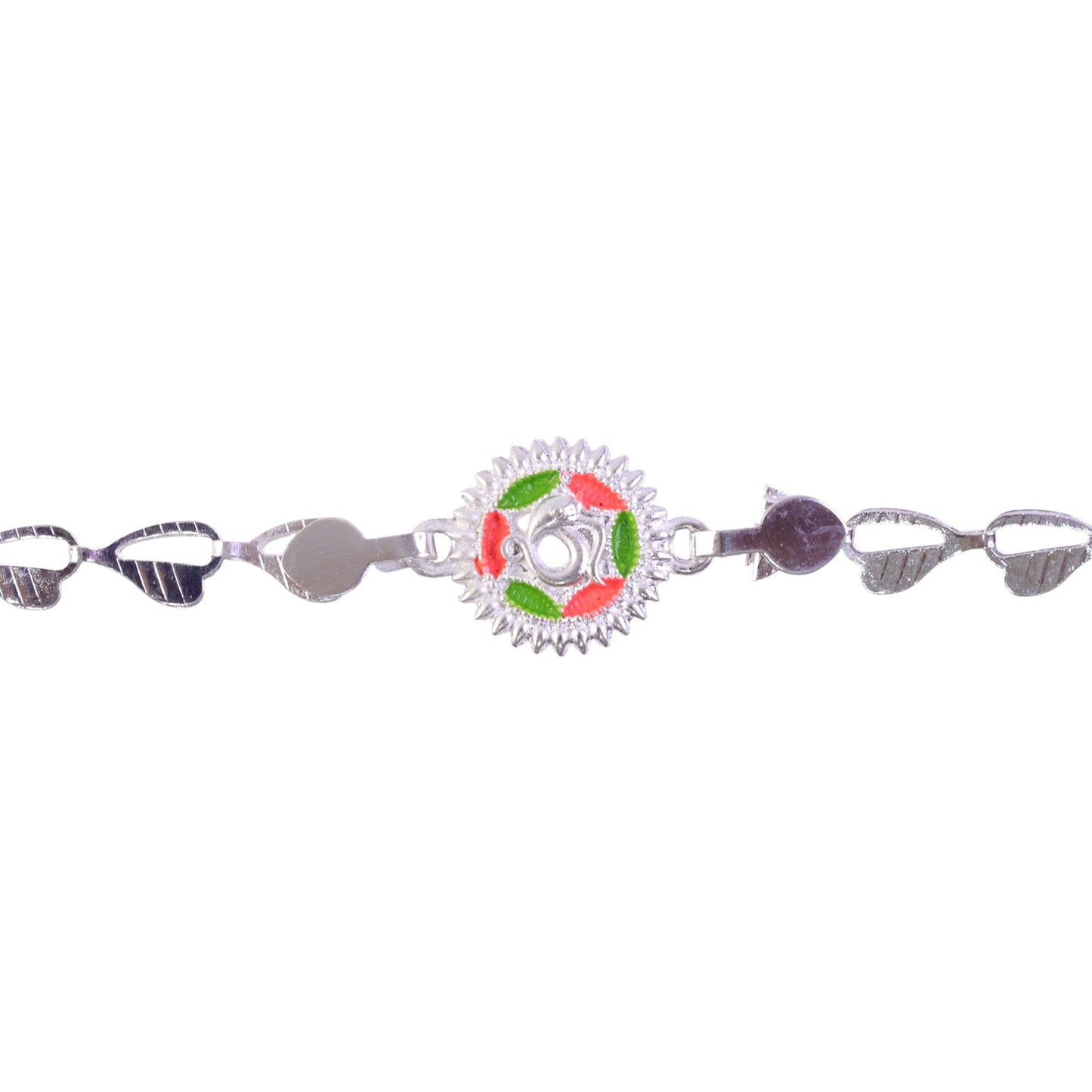 Round Sacred Symbol Silver Chain Rakhi with Stone Studded Center Charm