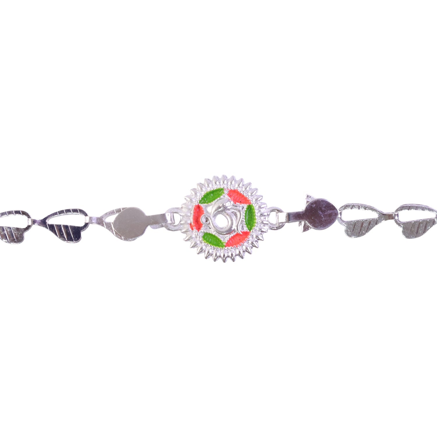 Round Sacred Symbol Silver Chain Rakhi with Stone Studded Center Charm