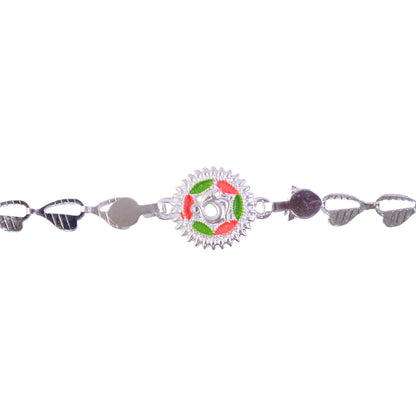 Round Sacred Symbol Silver Chain Rakhi with Stone Studded Center Charm